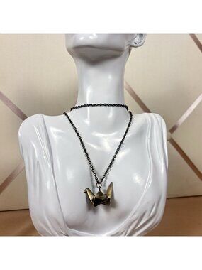 Vintage ‘Zad’ Brass Colored Origami Crane Pendant on Long Chain  A52